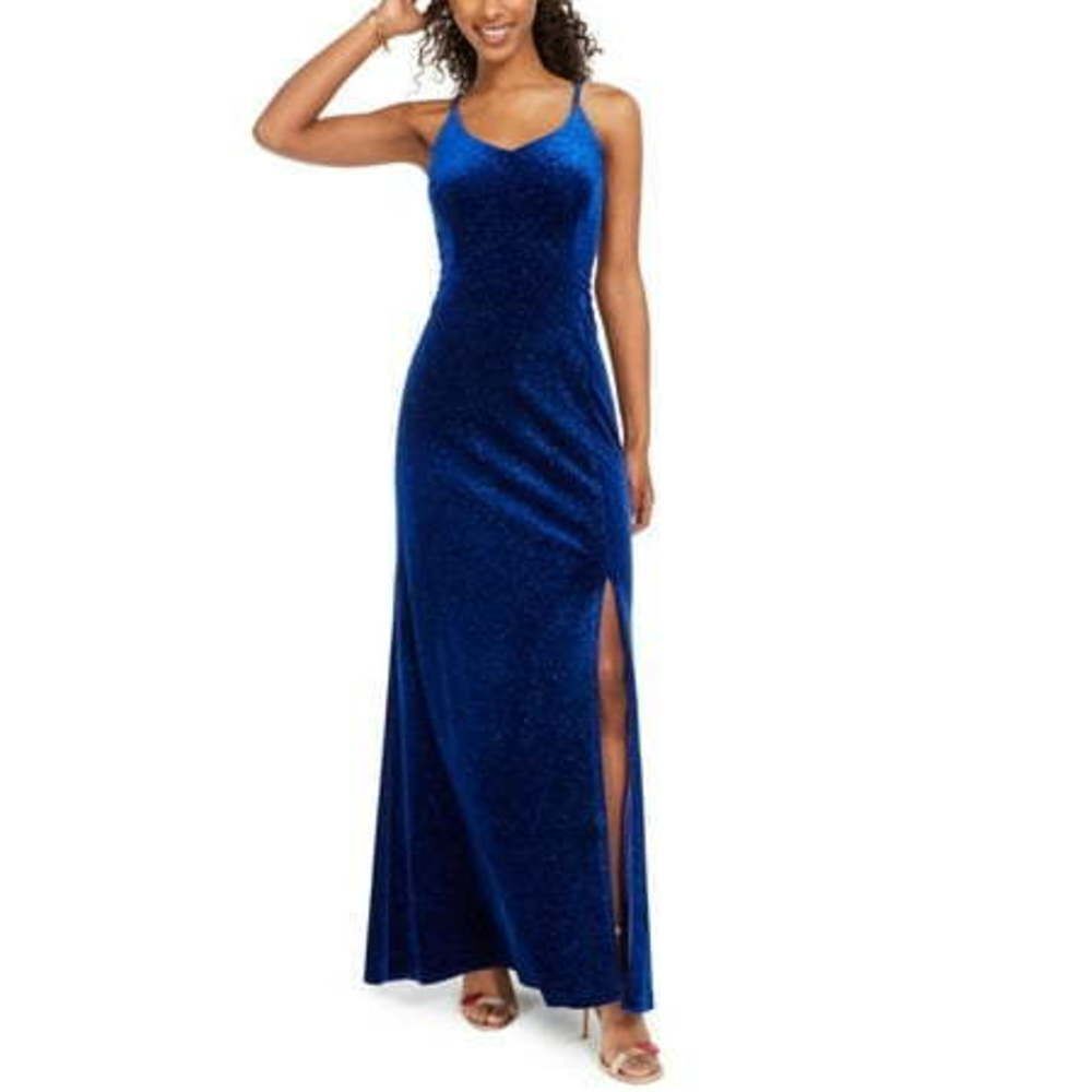 Morgan & Company Juniors Velvet Glitter Ladder-Back Gown Blue Size 3 | NWT